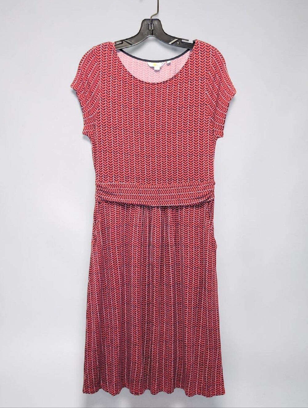 Boden Amelie Chevron Dress Navy Red Ruched Waist Pockets Stretchy UK 14R